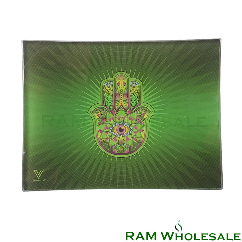 Glass Rolling Tray Green Hamsa